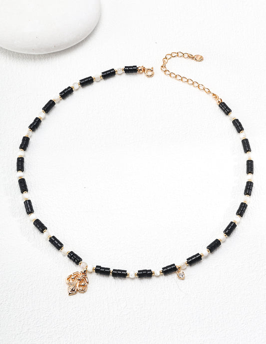 Luxurious Shell and Onyx Silver Necklace