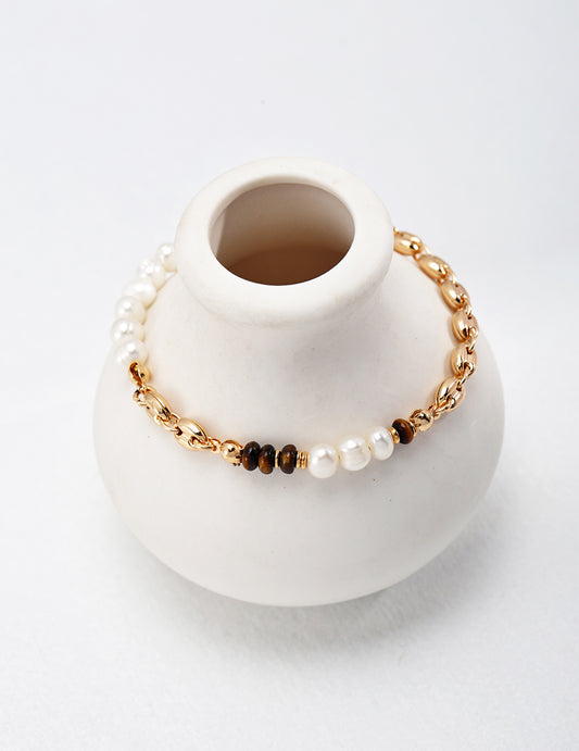 Vivid Allure: Tiger's Eye & Pearl Bracelet